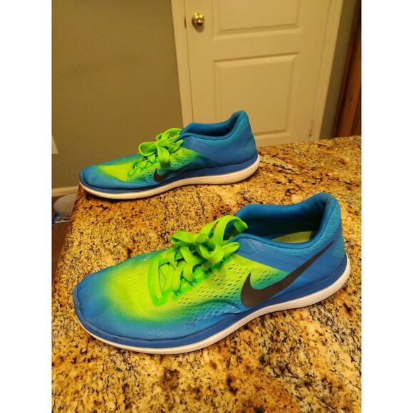 Nike Men’s 10 US Flex Run 2016 Green & Blue Neon Running Shoes Lace Up 44 EU - Picture 4 of 12